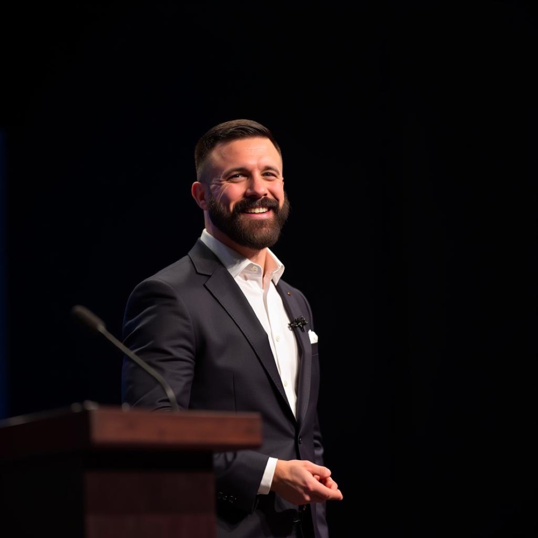 Coach Matthew Vidal speaking on stage